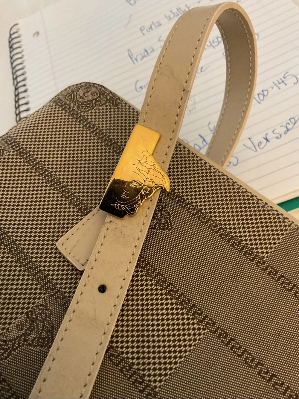 Versace Beige Canvas Messenger Bag with Leather Trim